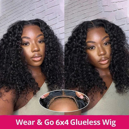 Wear and Go Water Wave Bob Lace Wig – Curly 6x4 Glueless Human Hair, 4x4 Ready-to-Go Pre-Cut Lace Wig for Women