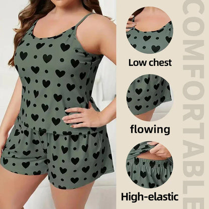 Plus Size Women's Pajama Set – Love Print Camisole & Shorts Sleepwear in Green (XL-3XL)