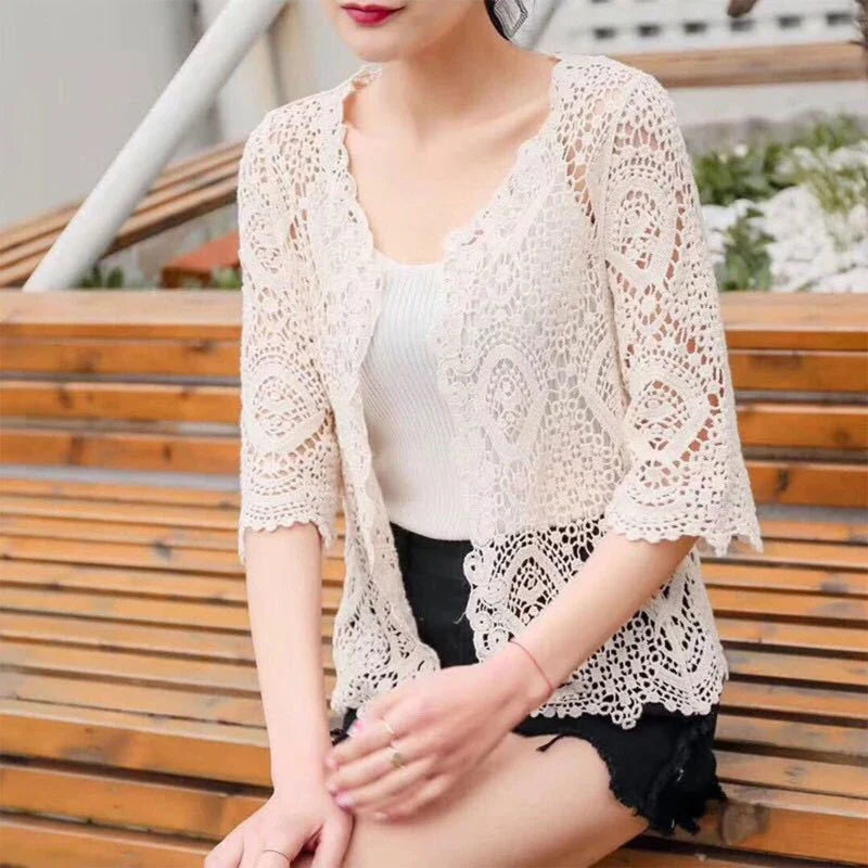 Women’s Knitted Lace Shrug – Boho Hollow Crochet Floral 3/4 Sleeves, Open Front Cropped Cardigan, Elegant Mesh Sweater Cover-Up
