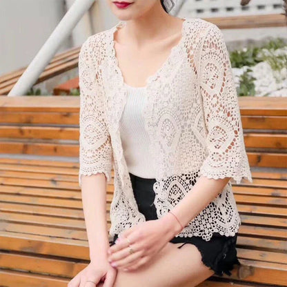 Women’s Knitted Lace Shrug – Boho Hollow Crochet Floral 3/4 Sleeves, Open Front Cropped Cardigan, Elegant Mesh Sweater Cover-Up