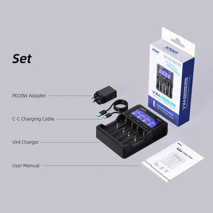 XTAR VX4 20W Fast Battery Charger with LED Display – 18650, AAA/AA, Li-ion, NiMH, LiFePO4 Charger & Capacity Tester