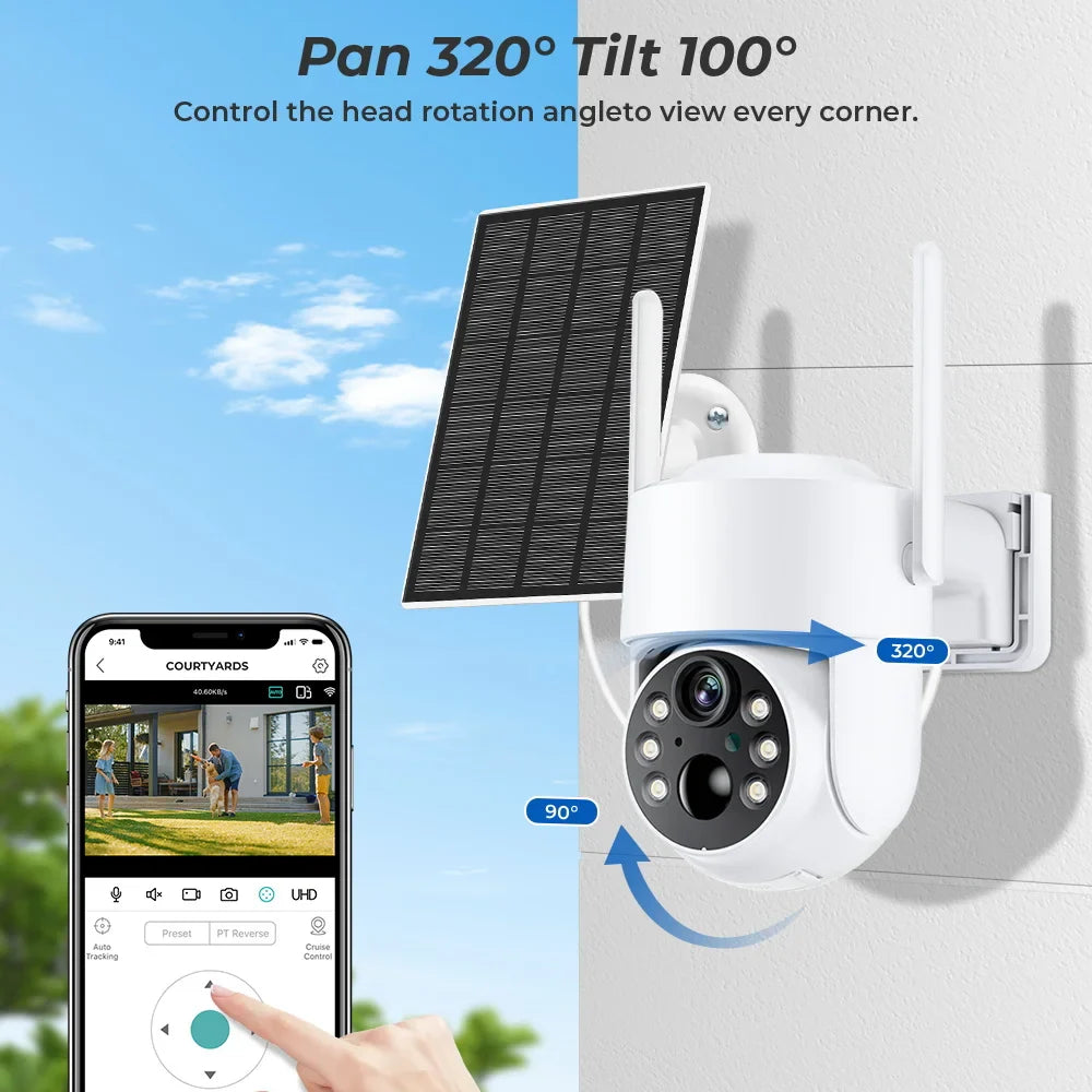 WiFi PTZ Outdoor Solar IP Camera 4MP HD – Wireless Security Surveillance Camera with Built-in Battery & Long Standby (iCsee App)