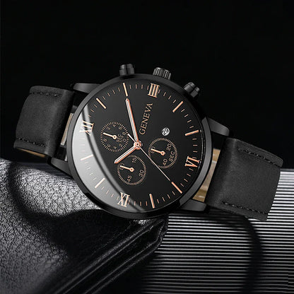 Men's Casual Watch – Leather Band Analog Quartz with Calendar Function