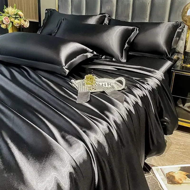 Nordic Silk Bedding Set With Duvet Cover - Luxury Solid Color Bed Sheet & Pillowcase Set For Single Double Couple Summer Bed Linen