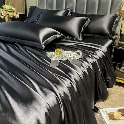 Nordic Silk Bedding Set With Duvet Cover - Luxury Solid Color Bed Sheet & Pillowcase Set For Single Double Couple Summer Bed Linen