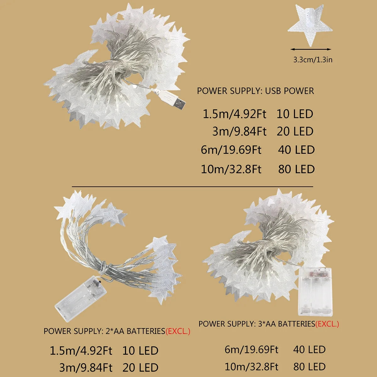 LED Star Fairy Lights - Outdoor String Garland Lights for Party, Wedding, Garden & Christmas Decor