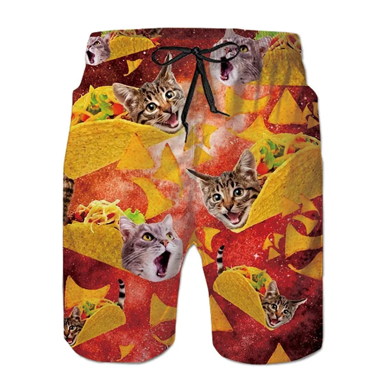 Men's Dinosaur Cat 3D Print Beach Shorts - Fun Hawaiian Swim Trunks