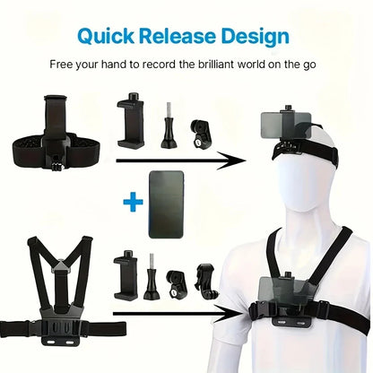 6-in-1 Action Camera Kit – Mobile Phone Head & Chest Strap Mount, Adjustable for GoPro 12, Enhanced Stability and Versatility