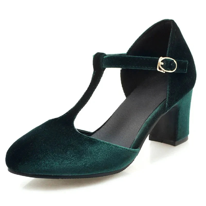 Women’s T-Strap High Heels – Velvet Mary Jane Pumps, Red & Green Party, Wedding, Office Shoes, Plus Size 45