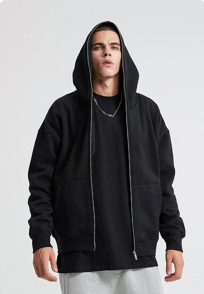 Men’s Harajuku Zip-Up Hoodie Jacket – Retro Black Oversized Long Sleeve Sweatshirt Coat