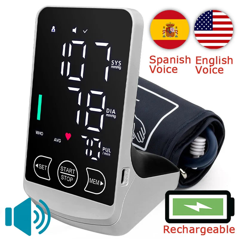 Rechargeable Arm Blood Pressure Monitor – Digital Tensiometer with Large Display & English/Spanish Voice