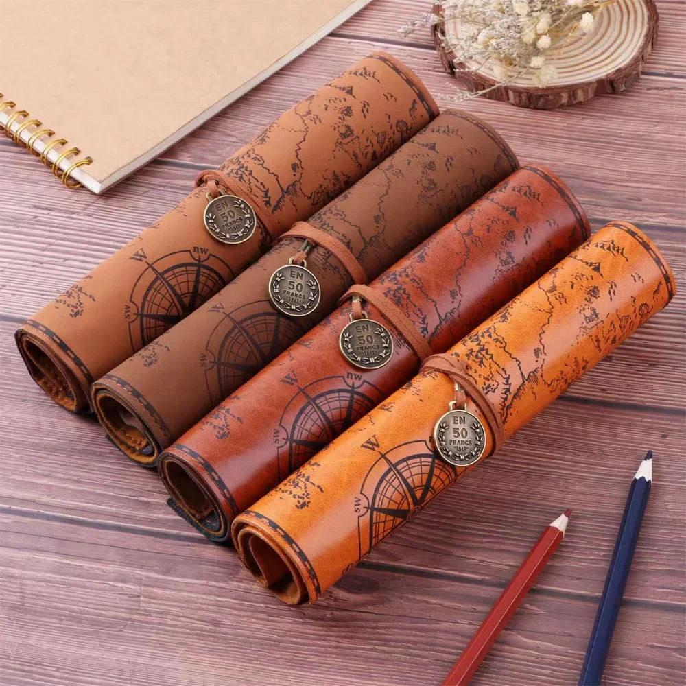 Creative Treasure Map Leather Pencil Case – Large Capacity Roll-Up Pencil Bag with Embossed Buckle, Retro Stationery Organizer