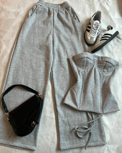 Y2K Light Gray Two-Piece Pants Set — Women’s Harajuku Goth Slim Tube Top & High-Waist Sweatpants