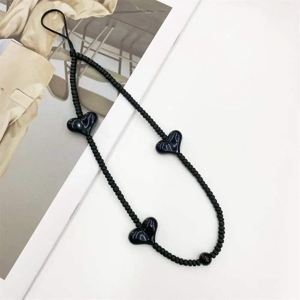 Black Heart Phone Charm Strap – Acrylic Beaded Y2K Cell Phone Lanyard Wristlet Chain Jewelry Accessory