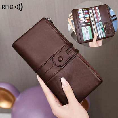 RFID Blocking Large Capacity Wallet – Soft Leather Solid Color Clutch, Multi-Functional Zipper Purse for Women & Men