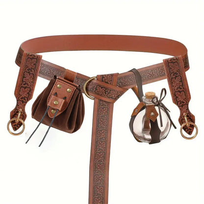 6PCS Medieval Cosplay Belts – Elf Leaf Embossed Leather with Potion Bottle, Viking Halloween