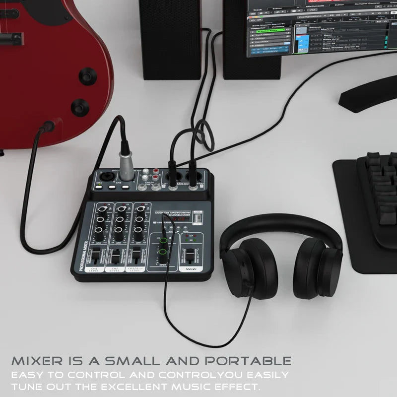 4-Channel Audio Mixer — USB Studio Mixer with 48V Phantom Power & Bluetooth for DJ & Karaoke