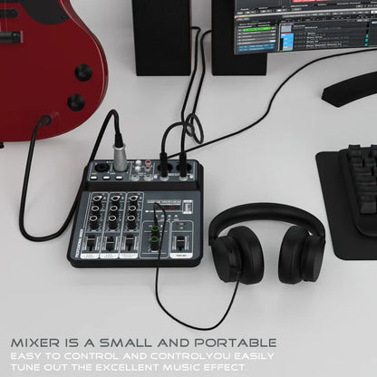 4-Channel Audio Mixer — USB Studio Mixer with 48V Phantom Power & Bluetooth for DJ & Karaoke