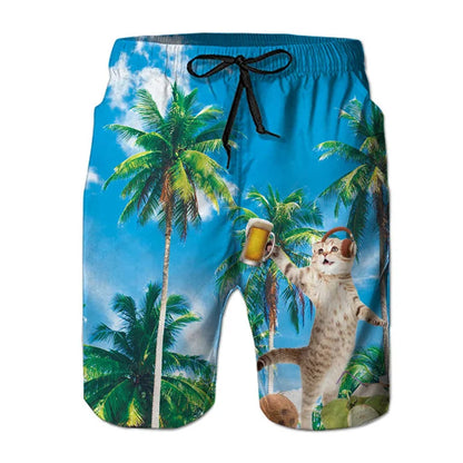 Men's Dinosaur Cat 3D Print Beach Shorts - Fun Hawaiian Swim Trunks