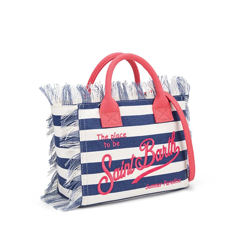 SAINT BARTH Houndstooth Crossbody Bag – Small Cotton Linen Handmade Tote with Tassels for Women