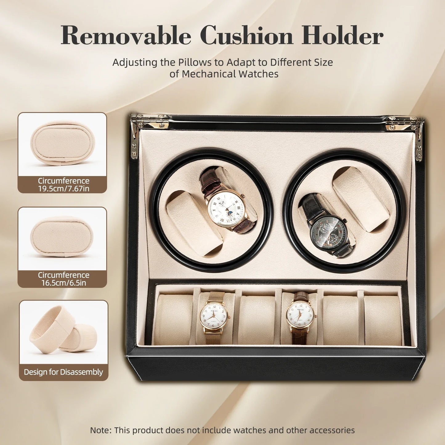 4+6 Slot Automatic Watch Winder – Leather & Wood Luxury Display Case with Pillow, Black/Brown