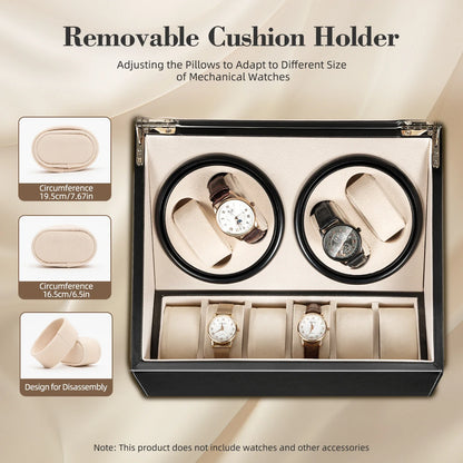 4+6 Slot Automatic Watch Winder – Leather & Wood Luxury Display Case with Pillow, Black/Brown