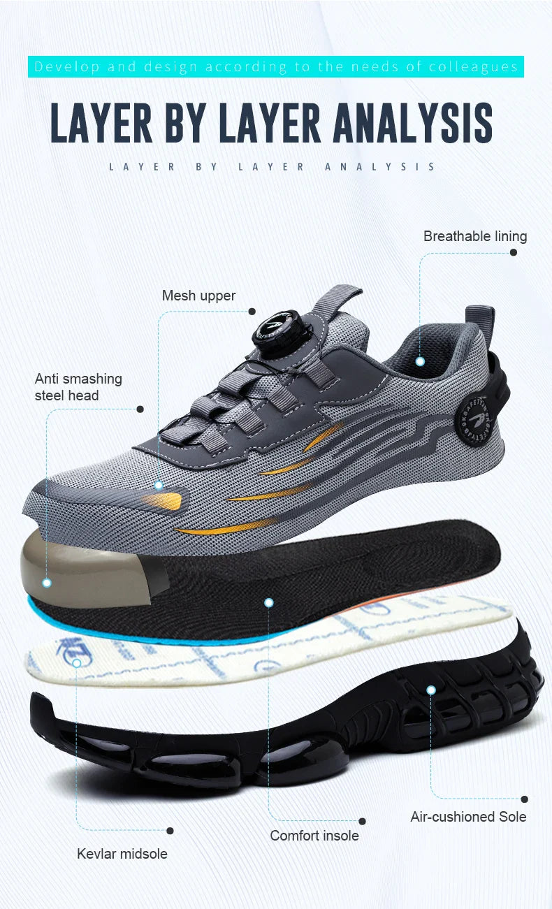 Rotating Button Men’s Safety Shoes – Anti-Smash & Anti-Puncture Work Boots, Fashion Sport Protective Footwear