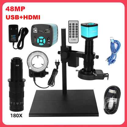 1080P 48MP 4K Digital Microscope – HDMI/USB/VGA Camera with 150X C-Mount & Articulated Arm for Repair
