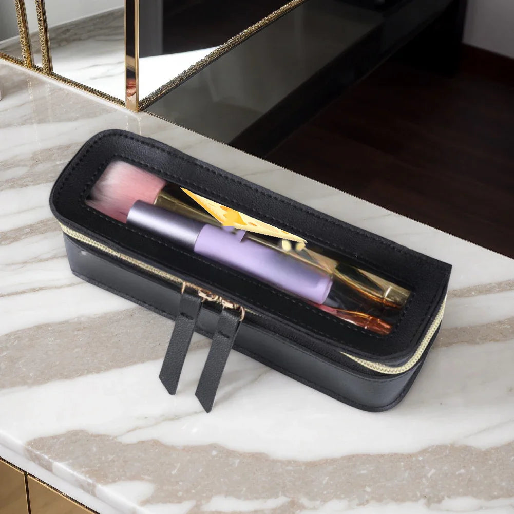 Women’s PU Transparent Makeup Brush Bag – Dual Zipper Travel Cosmetic Brush Holder Case