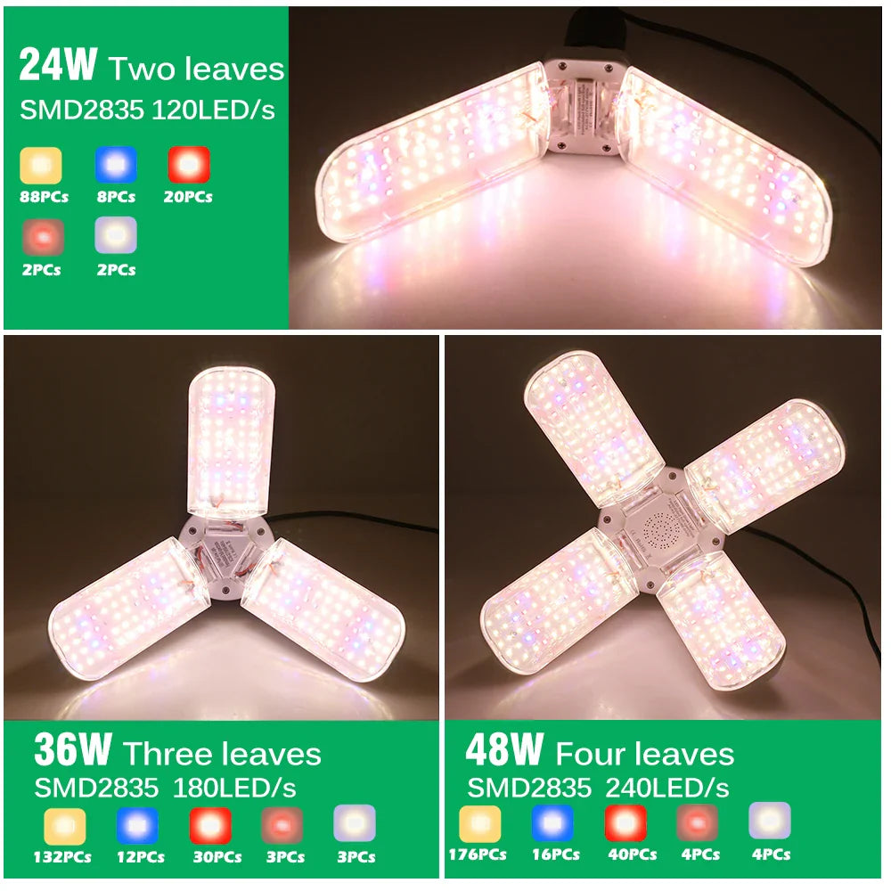 Foldable LED Grow Light E27 Full Spectrum 24W/36W/48W – Plant Growing Phytolamp for Indoor Flowers & Seedlings Growth Lamp
