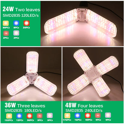 Foldable LED Grow Light E27 Full Spectrum 24W/36W/48W – Plant Growing Phytolamp for Indoor Flowers & Seedlings Growth Lamp