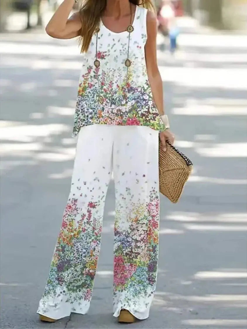 Women Printed 2-Piece Summer Suit Set – Sleeveless Round Neck Top & Wide Leg Pants Casual Loose Fit Outfit