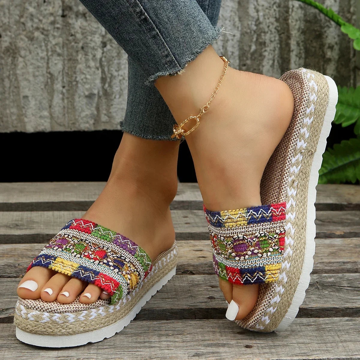 Bohemian Weave Women's Platform Slippers – Handmade Espadrille Sandals, Summer 2023 Beach & Casual Heels