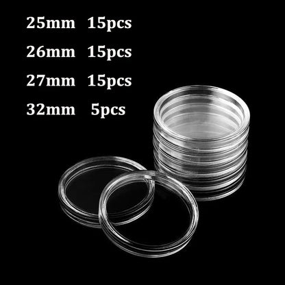 Coin Capsules Storage Box - Clear Plastic Holders for 21/23/25/30/32/38/40/45mm Coins