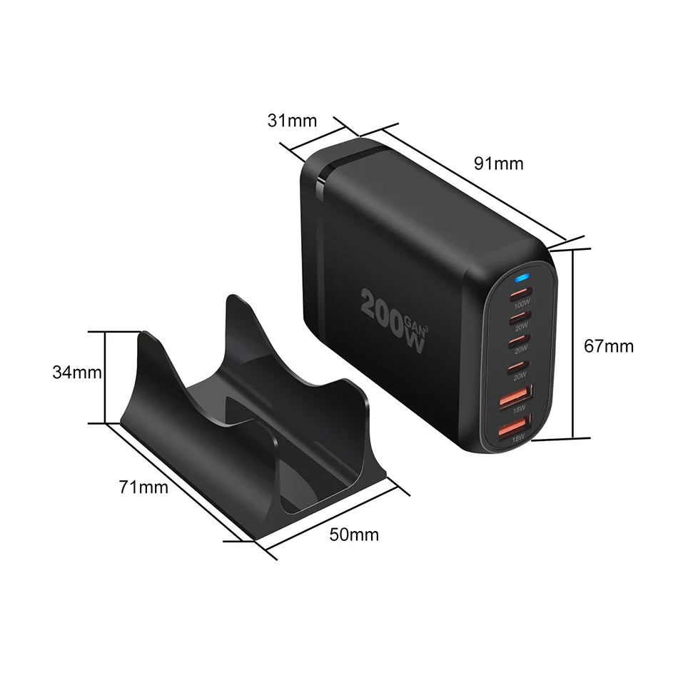 UHOMEBUY 200W GaN Desktop Charger - 6-Port USB Type C with 100W PD & Quick Charge 3.0 Fast Mobile Charger