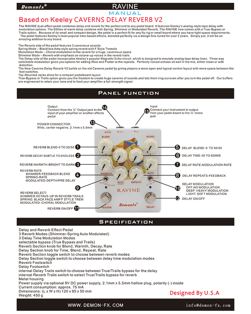 Demonfx-RAVINE Guitar Effects Pedal – Reverb & Delay with True Bypass