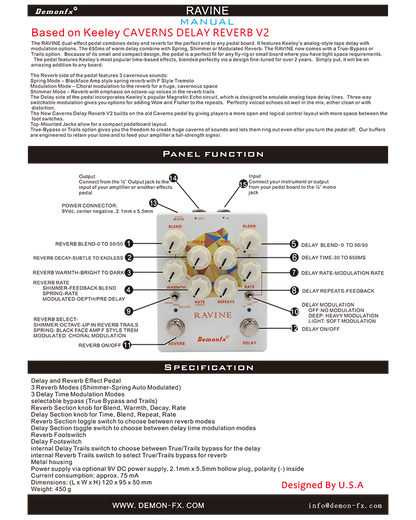 Demonfx-RAVINE Guitar Effects Pedal – Reverb & Delay with True Bypass