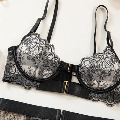 Krasapt Luxury Black Flower Embroidery Lingerie – 4PC Mesh Bra, Thong & Garter Erotic Set