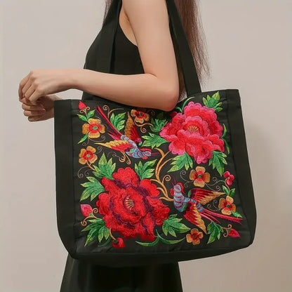 Ethnic Style Flower Embroidery Canvas Tote - Large Capacity Shoulder Bag Handbag for Women
