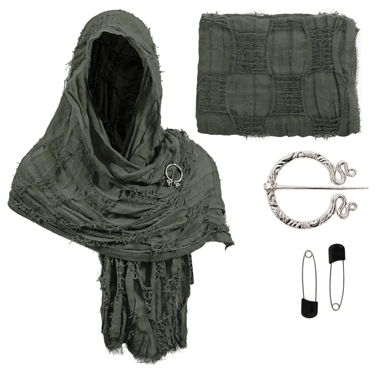 Medieval Pirate Hood Scarf – Retro Black, Brown & Green Cloak Wrap for Renaissance, Halloween & Masquerade Costume