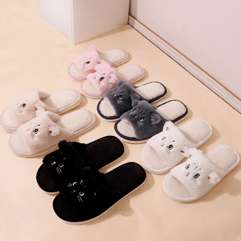 Cartoon Cat Plush Slippers - Women’s Open Toe Faux Fur Indoor Shoes with Non-Slip Wave Sole