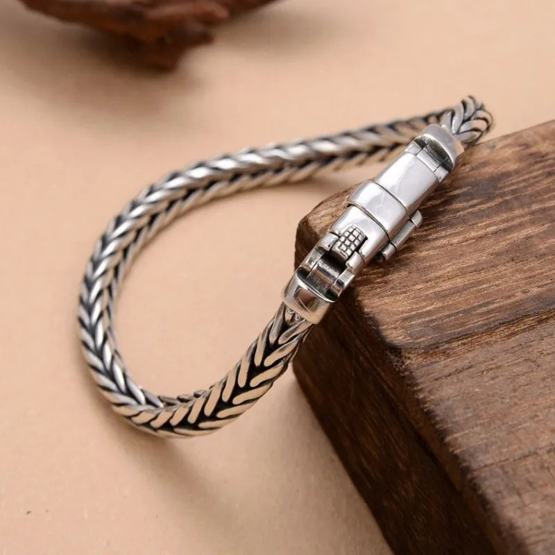 100% S925 Sterling Silver Handmade Woven Bracelet — Retro Domineering Style for Men & Women, Pure Silver Jewelry