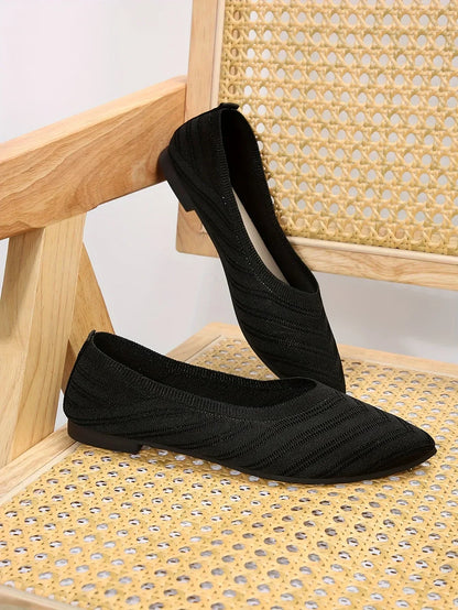Women’s Pointed Toe Knitted Slip-On Flats – Solid Color Casual Breathable Ballet Loafers