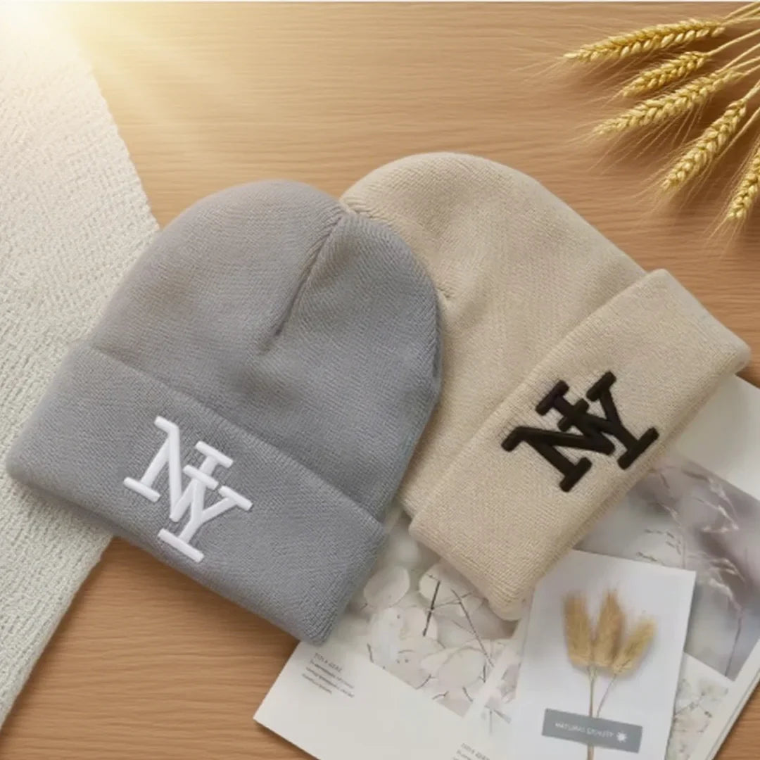 Winter Beanie Hat for Men & Women – 3D Embroidery Knitted Warm Cap for Outdoor Sports & Casual Wear