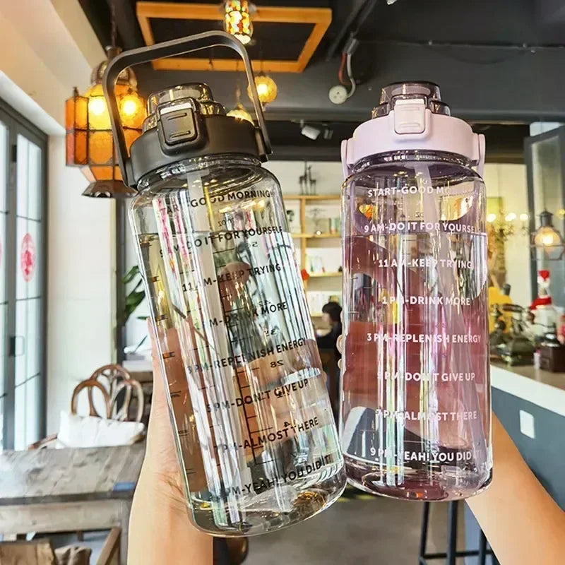 2L Portable Water Bottle - Large Capacity Plastic Drink Cup with Straw and Time Marker for Outdoor Sports and Fitness