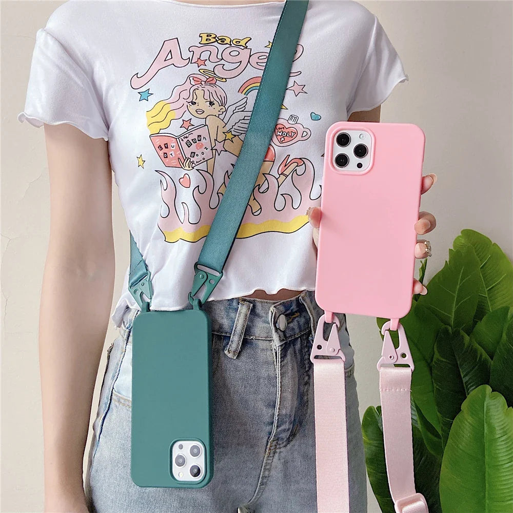 Crossbody Lanyard Silicone Soft Case for iPhone – Shockproof Necklace Strap Cover for iPhone 7–15 Pro Max, XR, XS, X, 11–14
