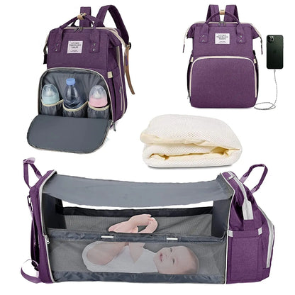 3-in-1 Diaper Bag Backpack – Waterproof Travel Bag with Foldable Baby Bed & USB Charging
