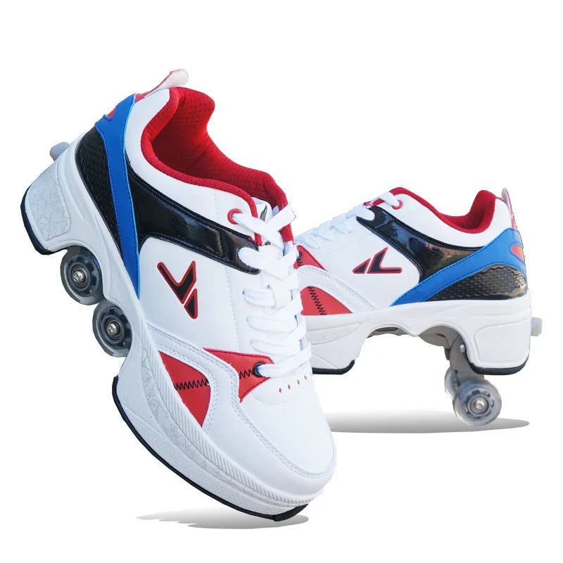 Dual Purpose Roller Skates Shoes - Adjustable Double Row 4-Wheel Deformation Roller Sneakers for Kids & Teens Size 33-44