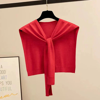 Striped Knitted Shawl Scarf – Warm Winter Cape with Fake Collar for Women