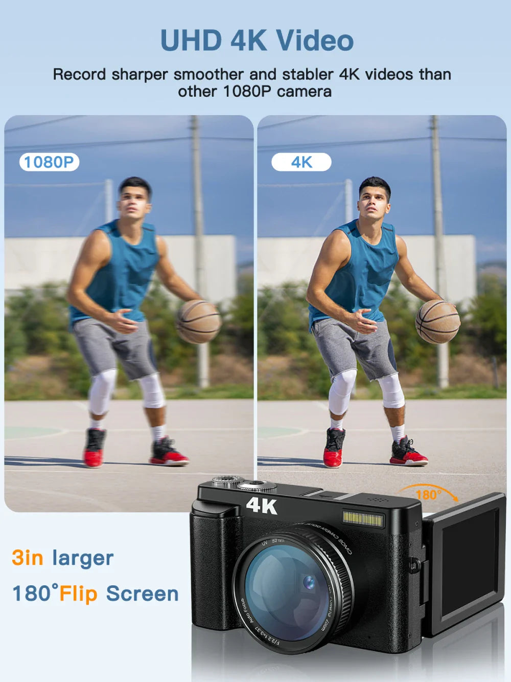 4K Digital Camera – 48MP Photography & Video, Autofocus, Anti-Shake, 3'' 180° Flip Screen with Flash, Compact Vlogging Camera